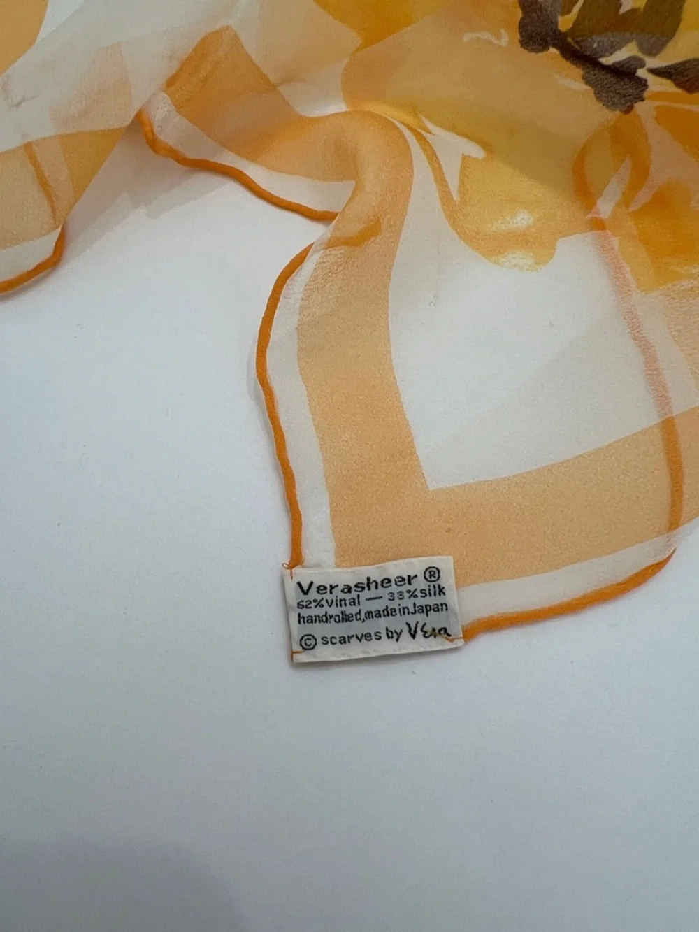 Vintage Vera Neumann Yellows, apricots & touch of brown Sheer scarf 42” x 13”